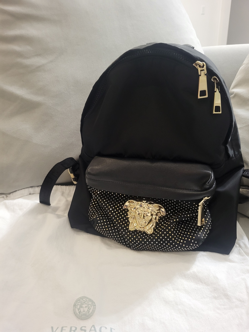 Versace Palazzo Medusa Gold Studded Nylon Backpack Black
